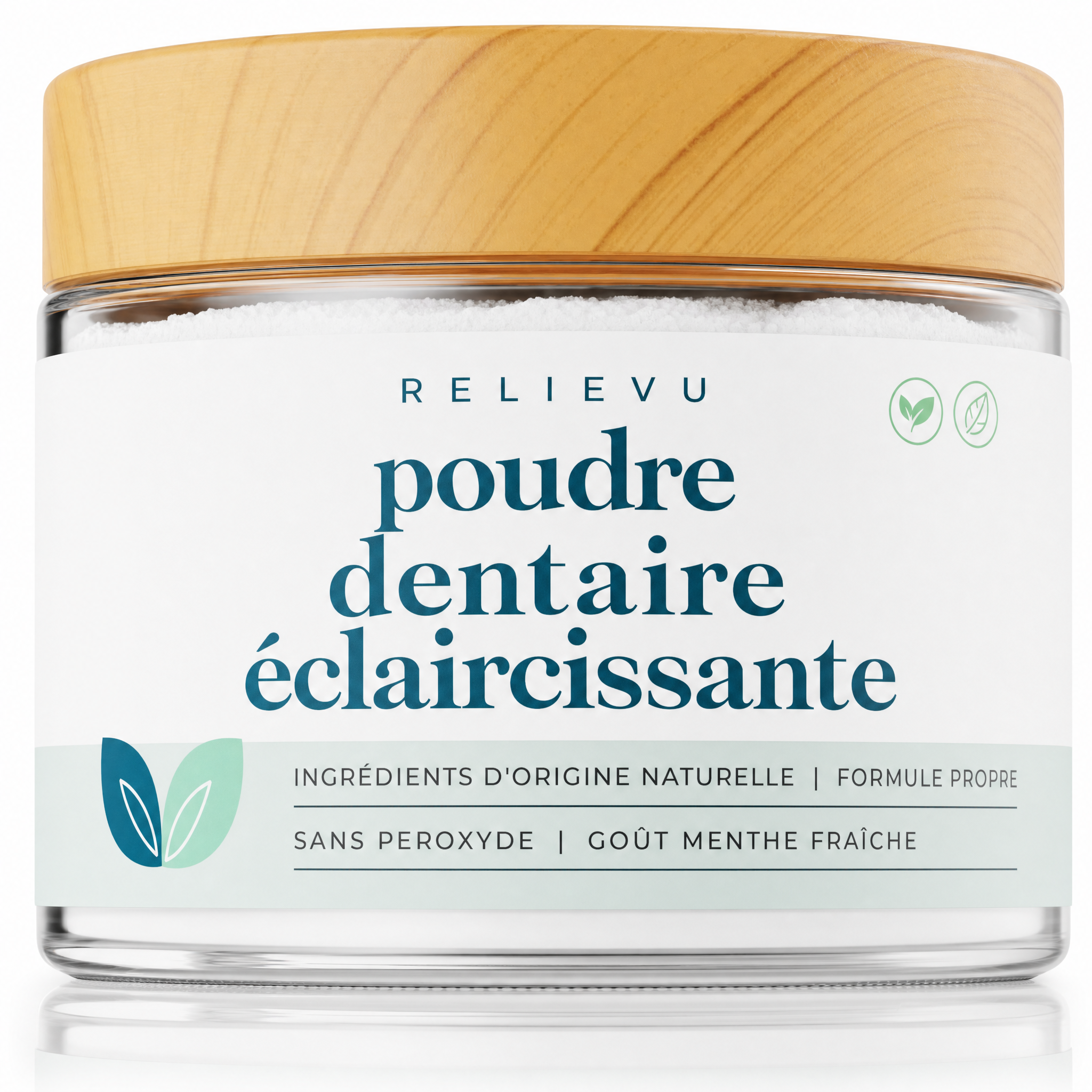 Pot en verre de poudre dentaire éclaircissante Relievu avec couvercle en bois, sans peroxyde, goût menthe fraîche