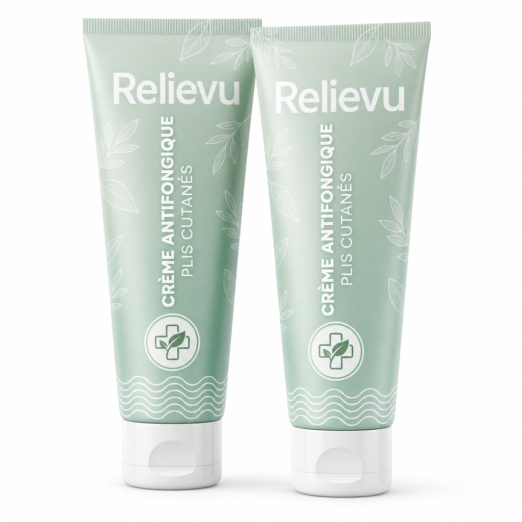 Deux tubes de Crème Antifongique Plis Cutanés Relievu sur fond blanc