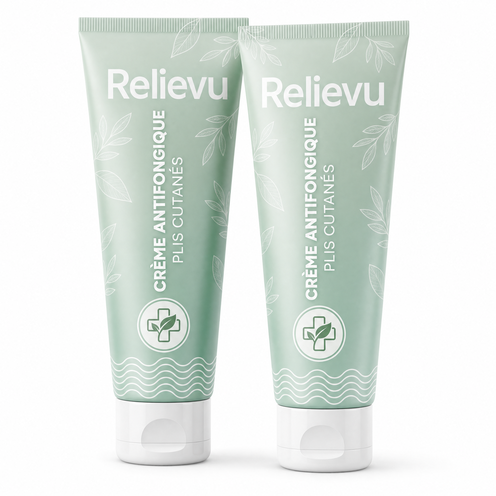 Deux tubes de Crème Antifongique Plis Cutanés Relievu sur fond blanc
