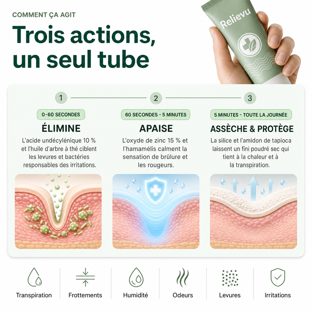 Comment ça agit : Élimine, Apaise, Assèche et Protège en trois étapes
