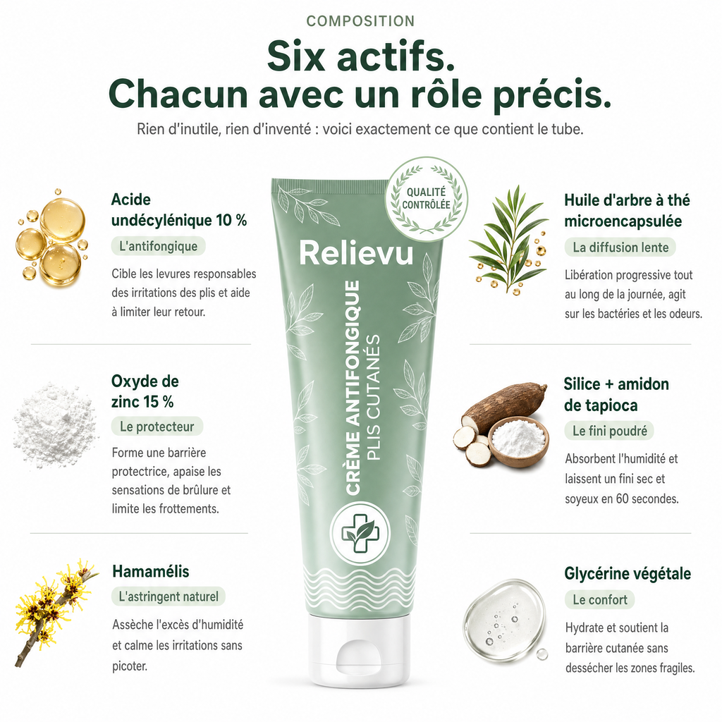 Composition : six actifs et leur rôle — acide undécylénique 10 %, oxyde de zinc 15 %, huile d'arbre à thé, hamamélis, silice et tapioca, glycérine végétale