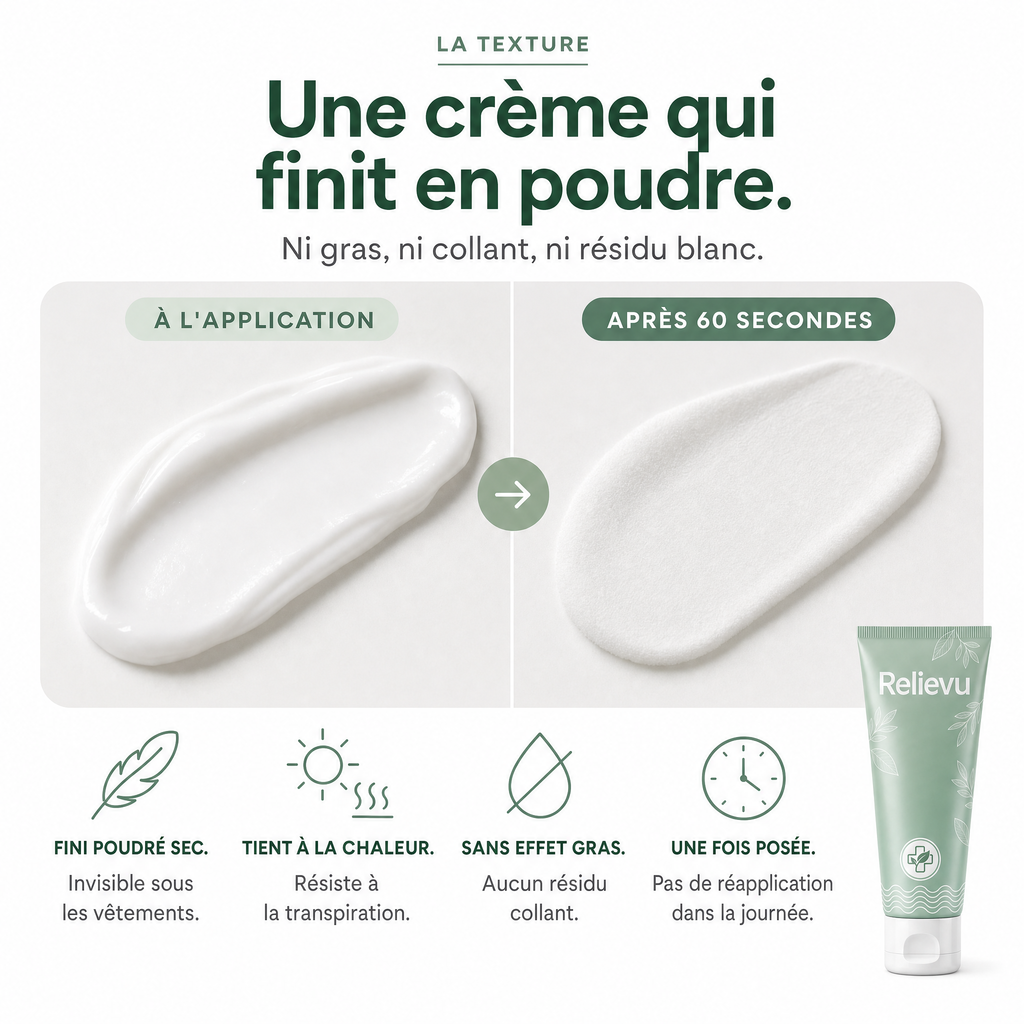 La texture : une crème qui finit en poudre, fini poudré sec après 60 secondes