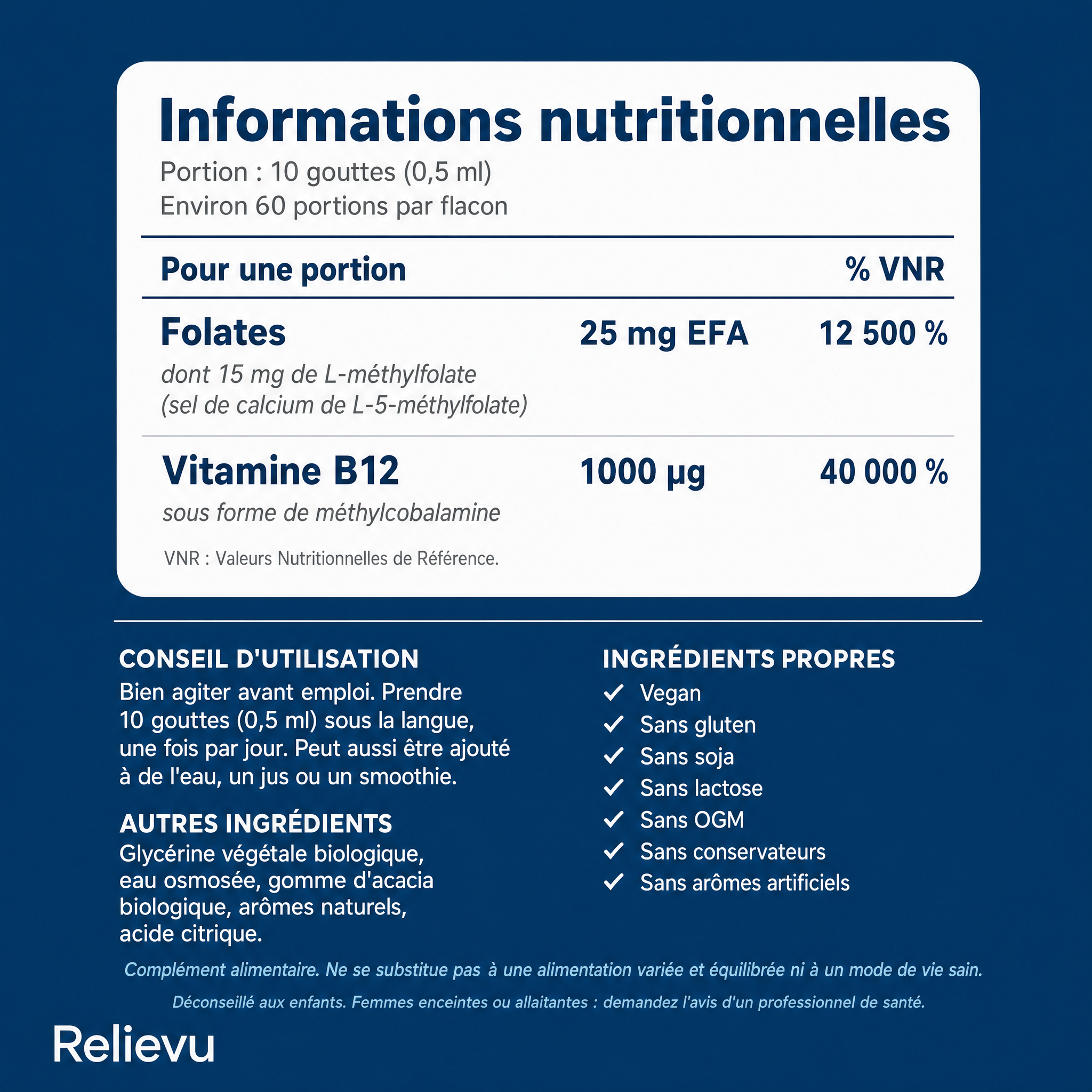 Informations nutritionnelles : folates 25 mg EFA et vitamine B12 1000 µg par portion de 10 gouttes