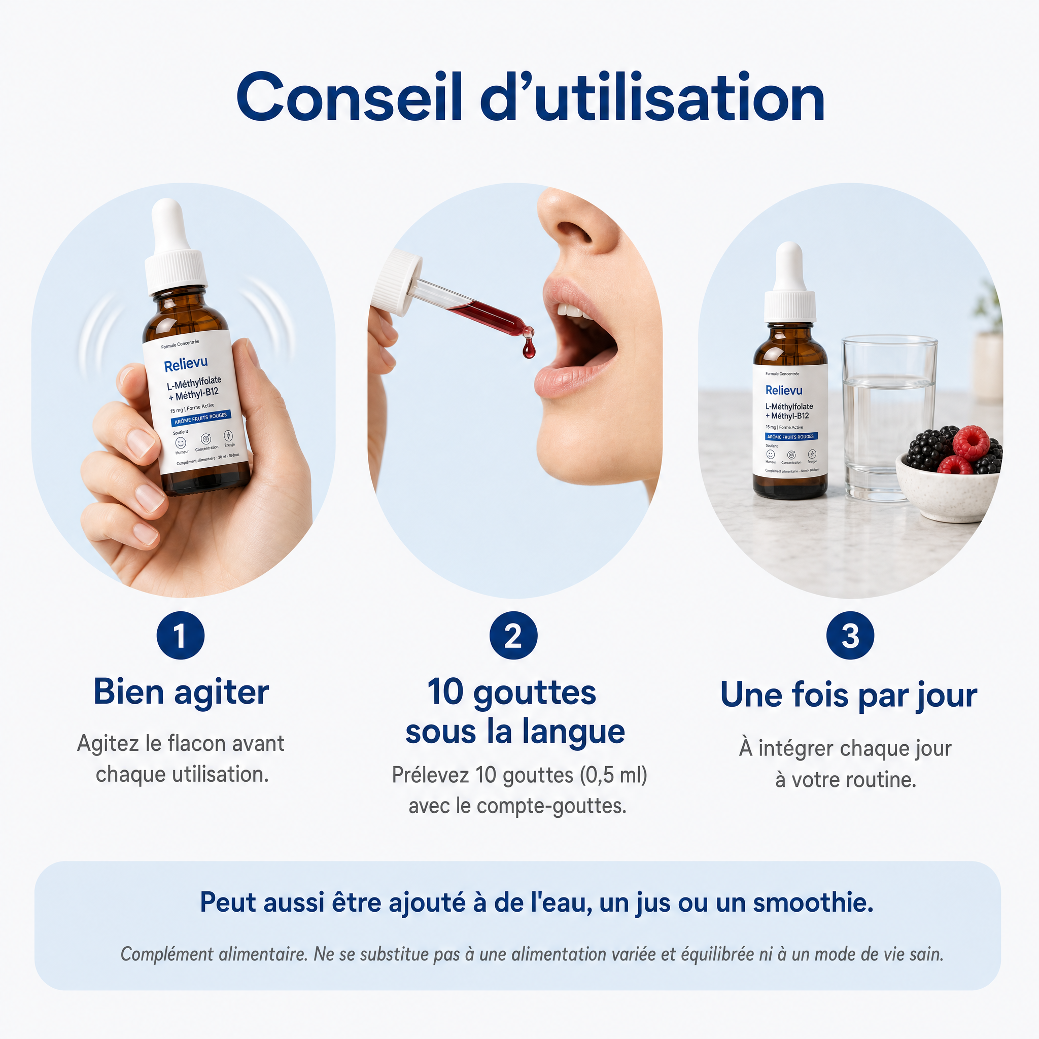 Conseil d'utilisation en 3 étapes : bien agiter, 10 gouttes sous la langue, une fois par jour