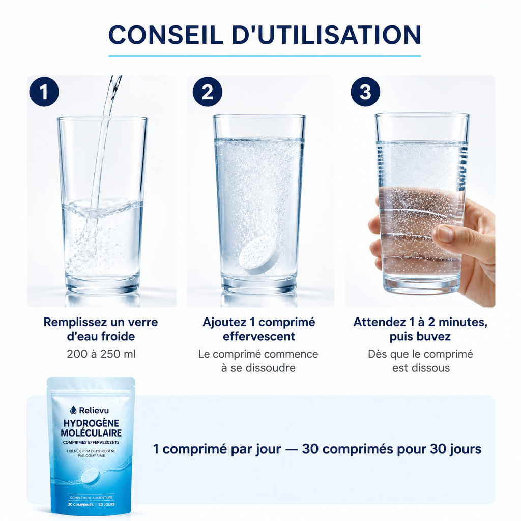 Conseil d'utilisation en 3 étapes : remplir un verre d'eau froide, ajouter 1 comprimé effervescent, attendre 1 à 2 minutes puis boire