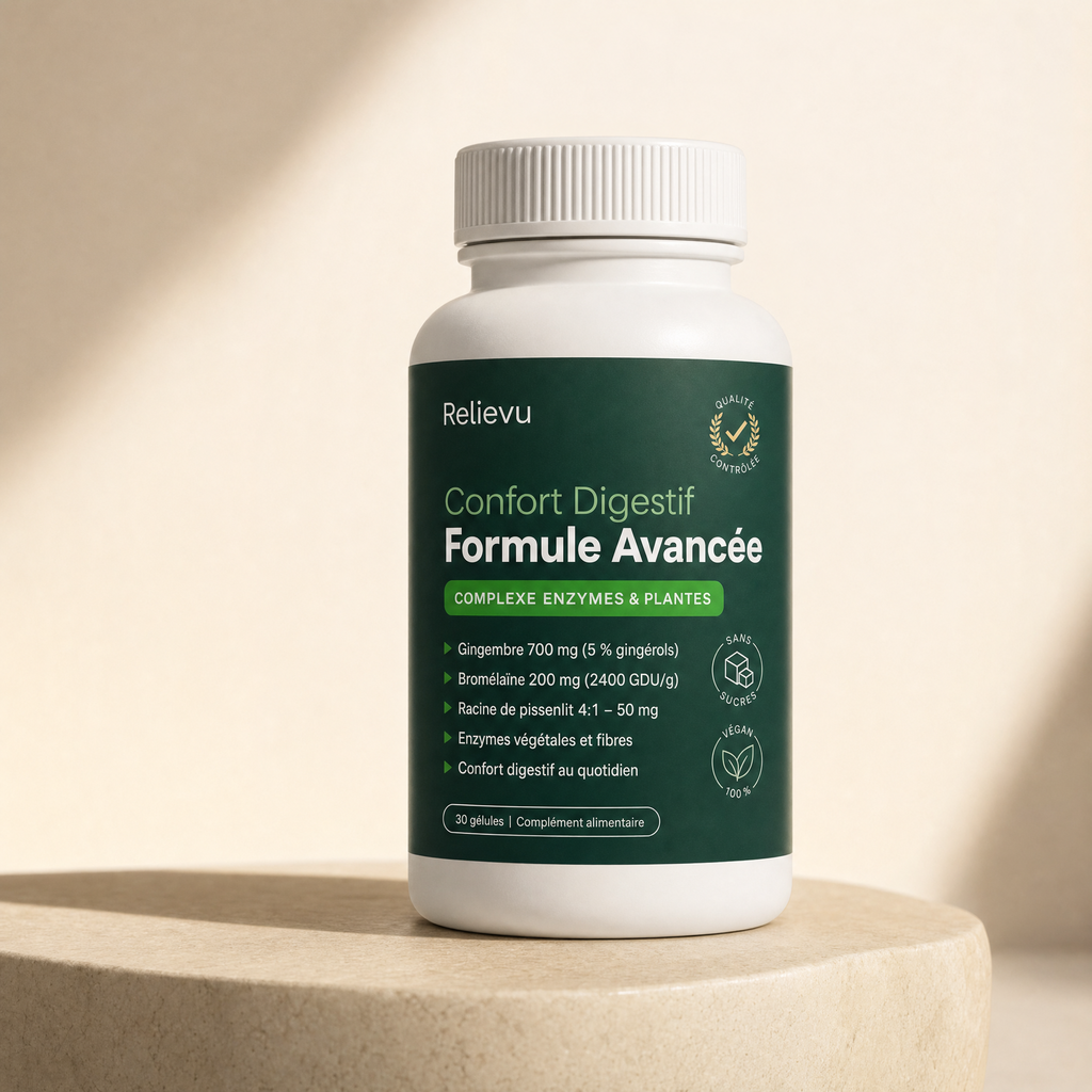Flacon Relievu Confort Digestif Formule Avancée, complexe enzymes et plantes, 30 gélules