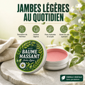 Baume de massage jambes légères Relievu, boîtier en aluminium ouvert avec baume rose, sur pierre claire