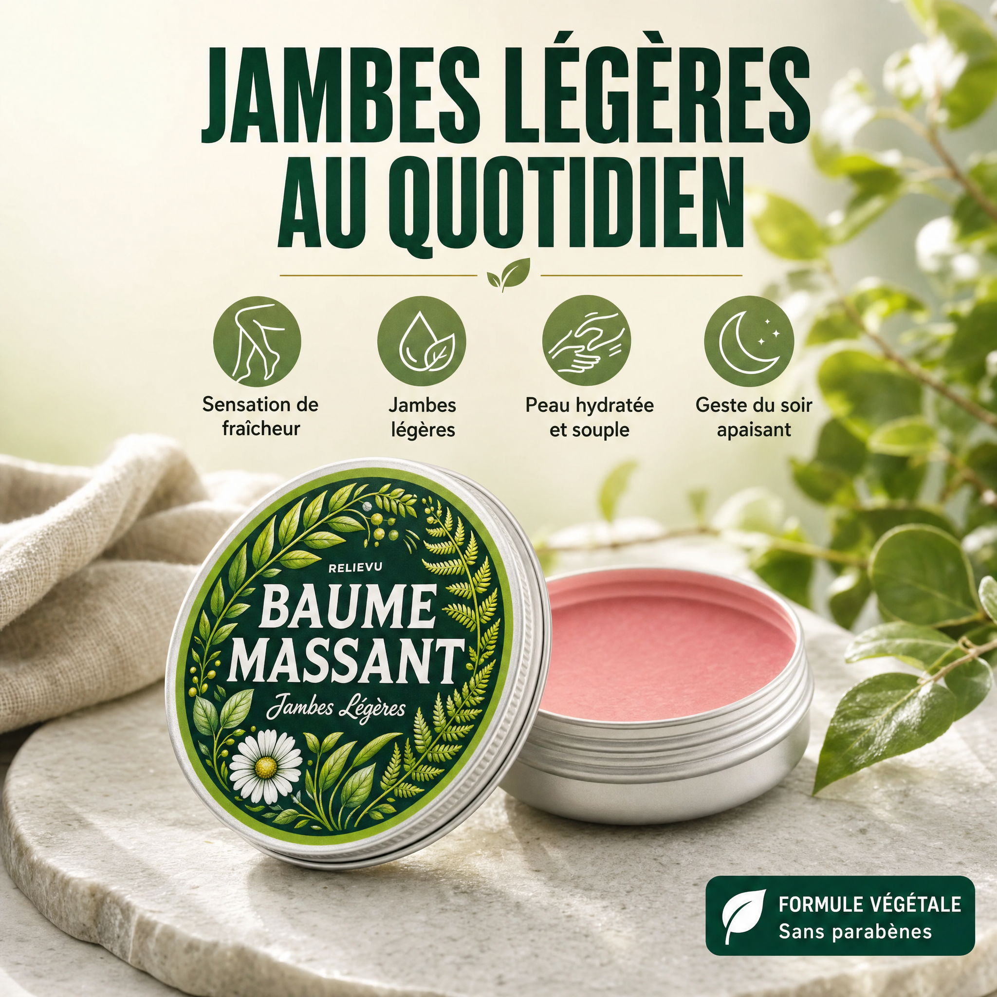 Baume de massage jambes légères Relievu, boîtier en aluminium ouvert avec baume rose, sur pierre claire