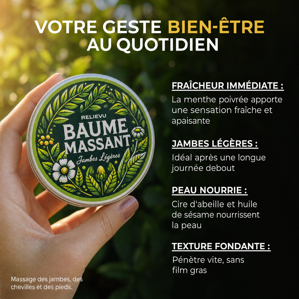 Main tenant le baume de massage Relievu : fraîcheur immédiate, jambes légères, peau nourrie, texture fondante