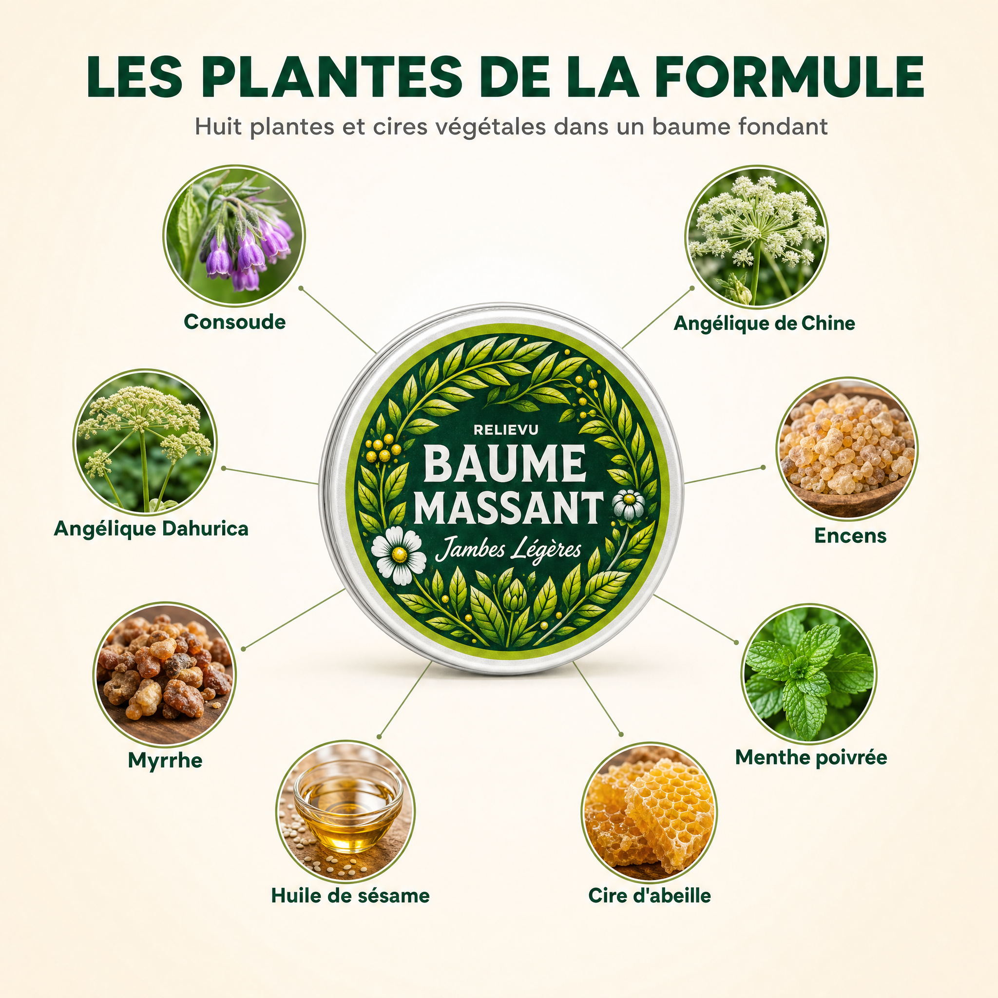 Les plantes de la formule : consoude, angélique de Chine, angélique Dahurica, encens, myrrhe, menthe poivrée, huile de sésame, cire d'abeille