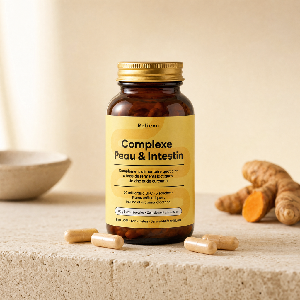 Flacon en verre ambré du Complexe Peau & Intestin Relievu, 60 gélules végétales, posé sur une pierre claire avec du curcuma frais