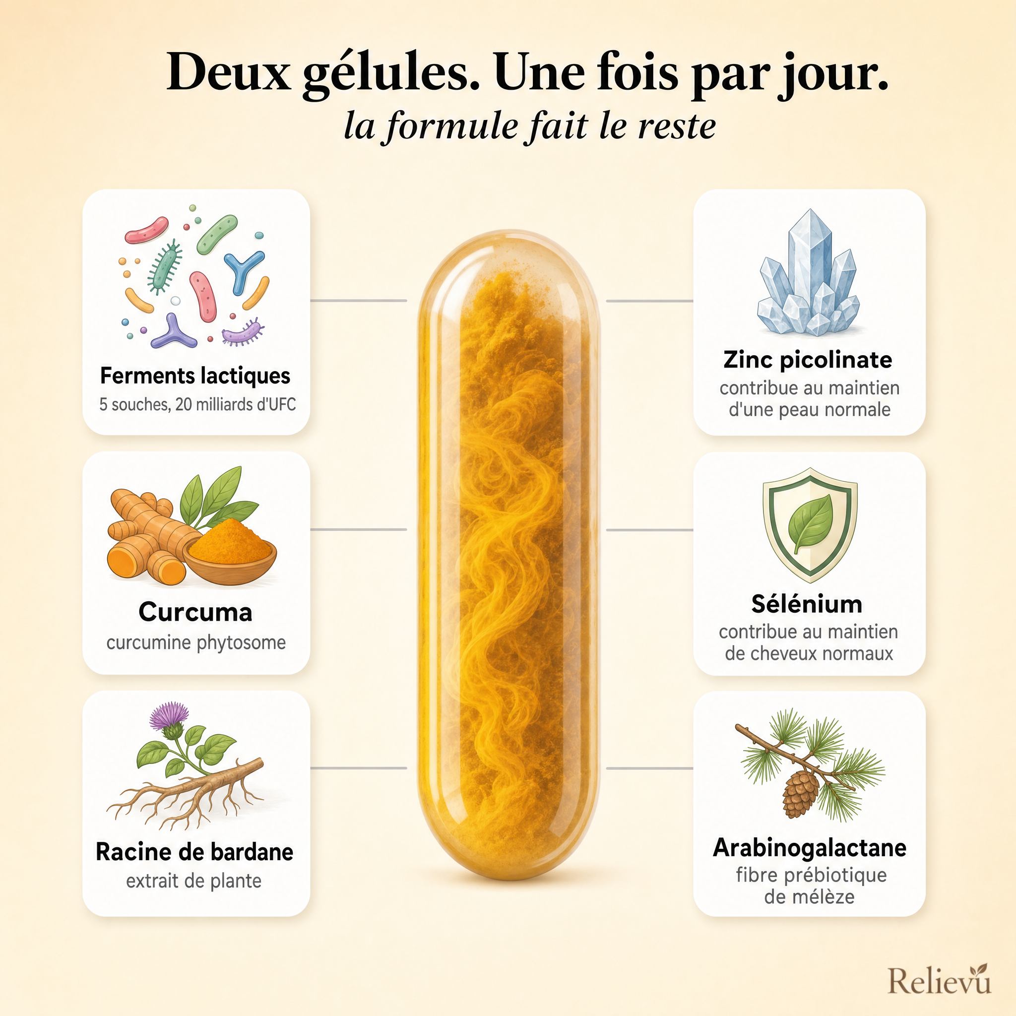 Composition détaillée : ferments lactiques, curcuma, racine de bardane, zinc picolinate, sélénium et arabinogalactane de mélèze