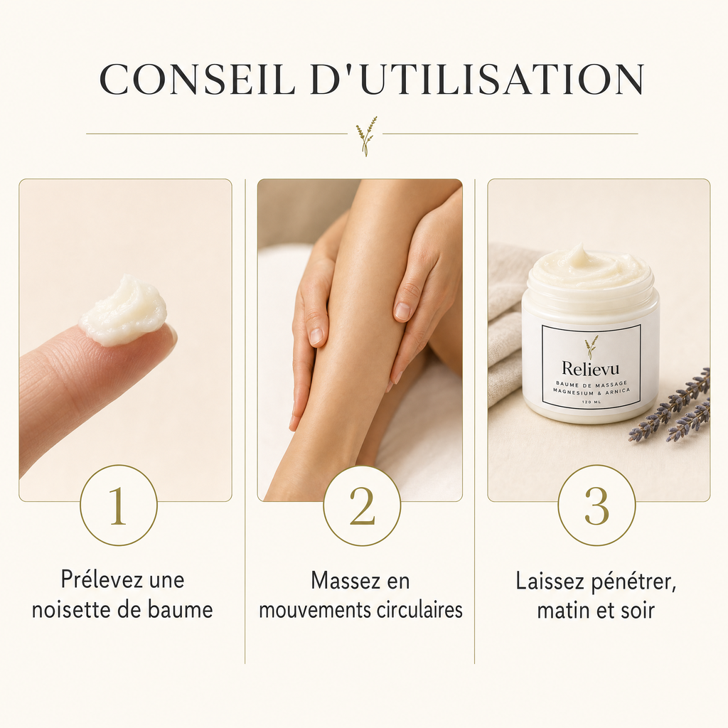 Conseil d'utilisation en trois étapes : prélever une noisette, masser en mouvements circulaires, laisser pénétrer matin et soir