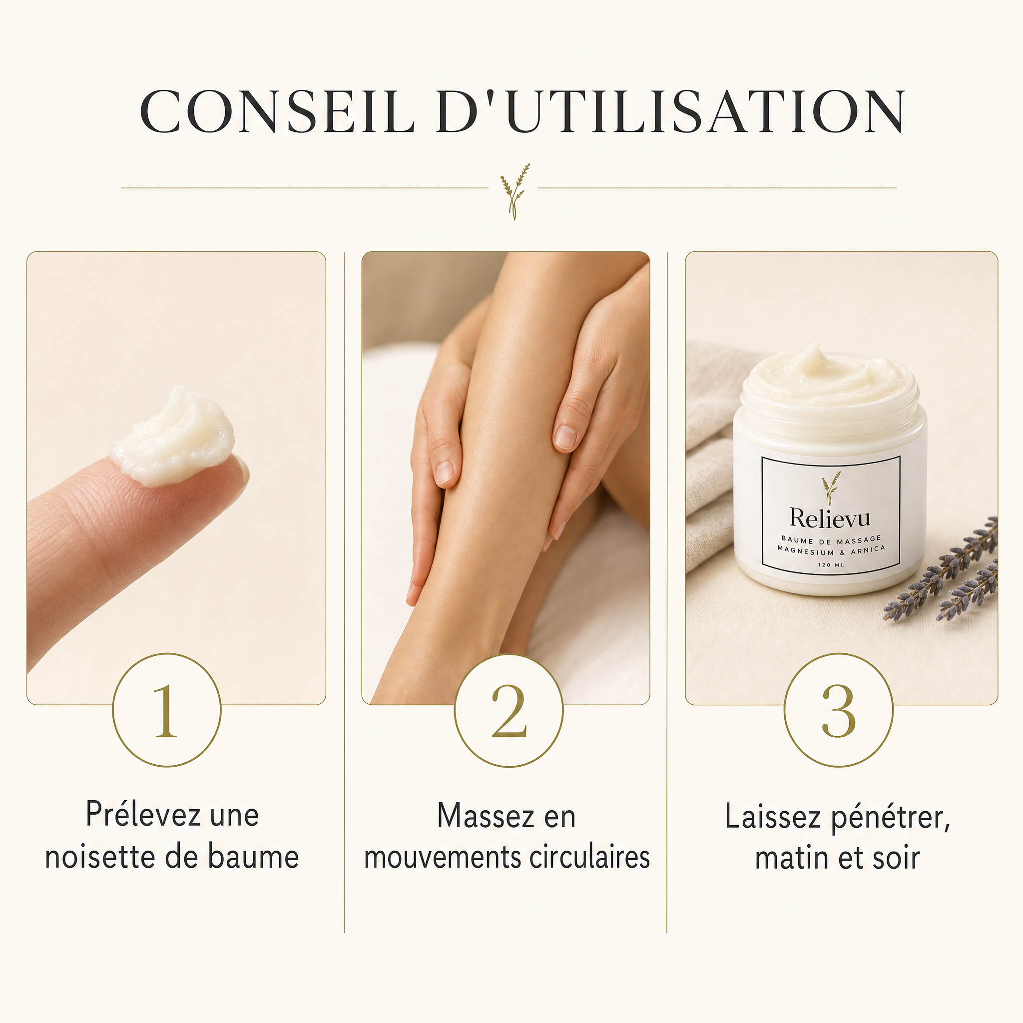 Conseil d'utilisation en trois étapes : prélever une noisette, masser en mouvements circulaires, laisser pénétrer matin et soir