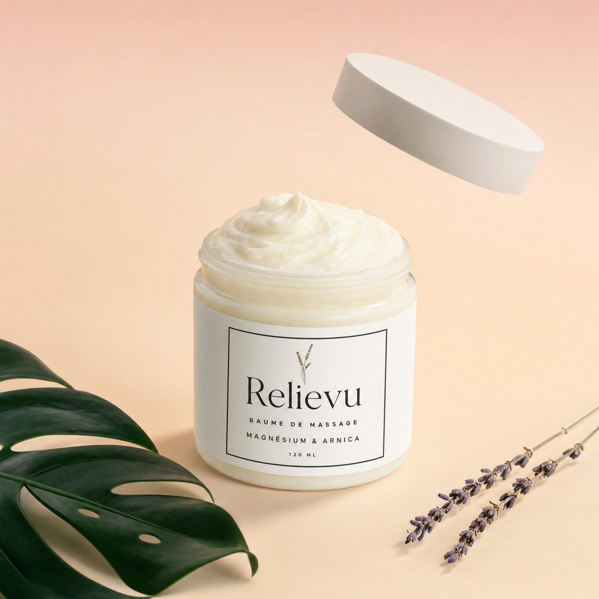 Pot de baume de massage Relievu au magnésium et à l'arnica, 120 ml, couvercle en suspension