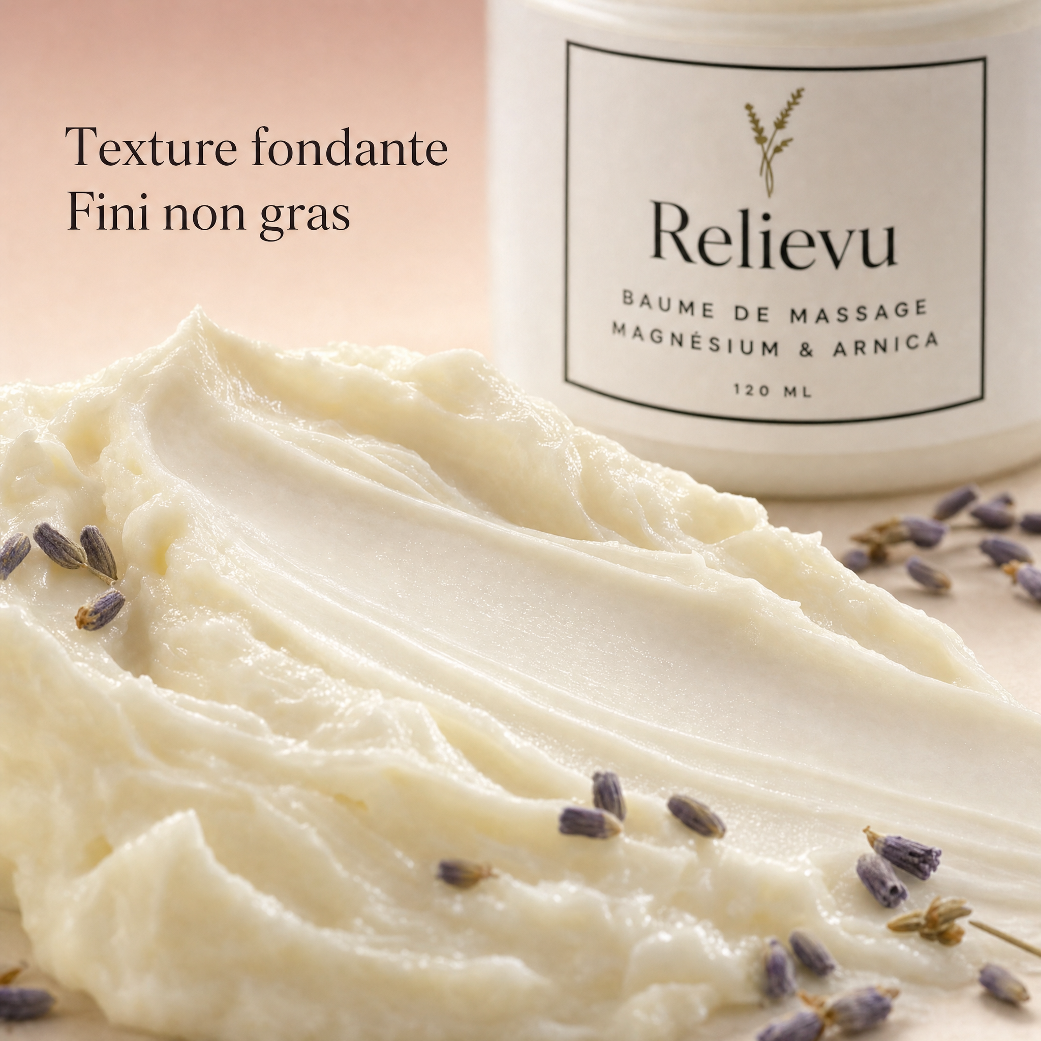 Gros plan sur la texture fondante et le fini non gras du baume de massage Relievu
