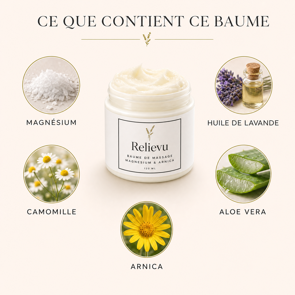 Ce que contient ce baume : magnésium, huile de lavande, camomille, aloe vera et arnica