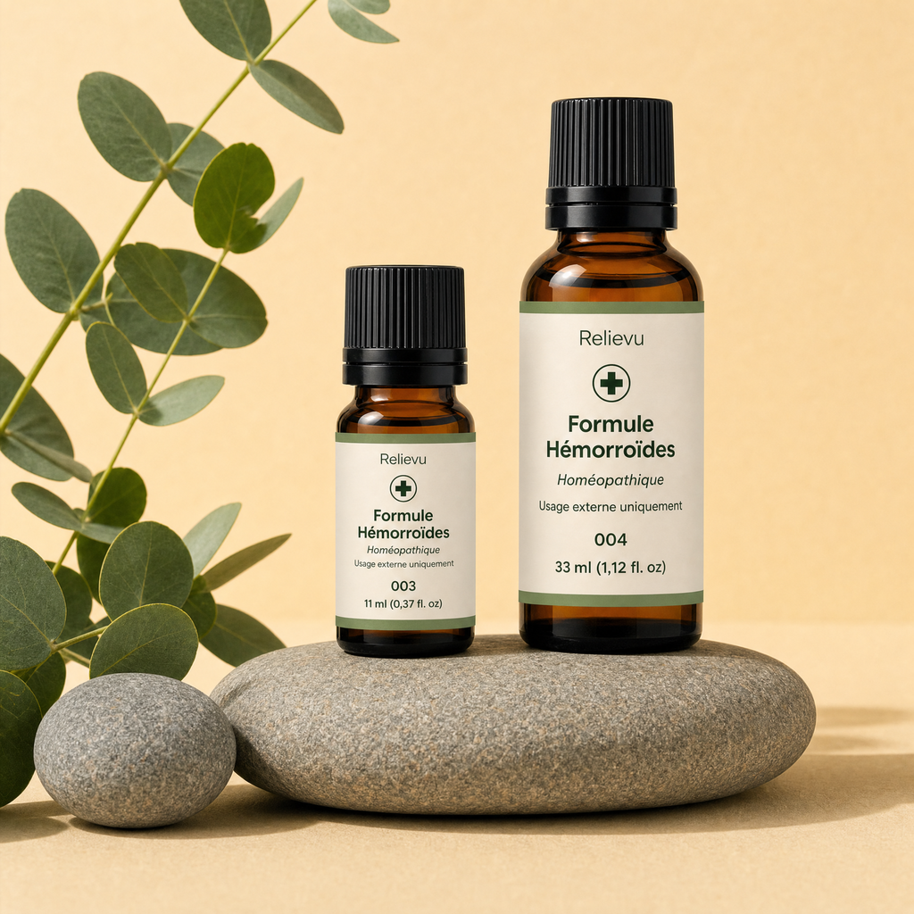Les deux formats de l'Huile Apaisante Hémorroïdes Relievu, flacons de 11 ml et 33 ml en verre ambré