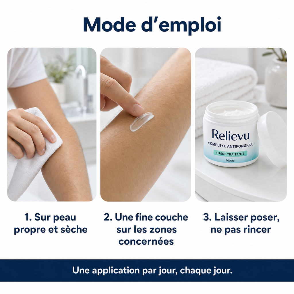 Mode d'emploi en trois étapes : peau propre et sèche, fine couche, laisser poser sans rincer
