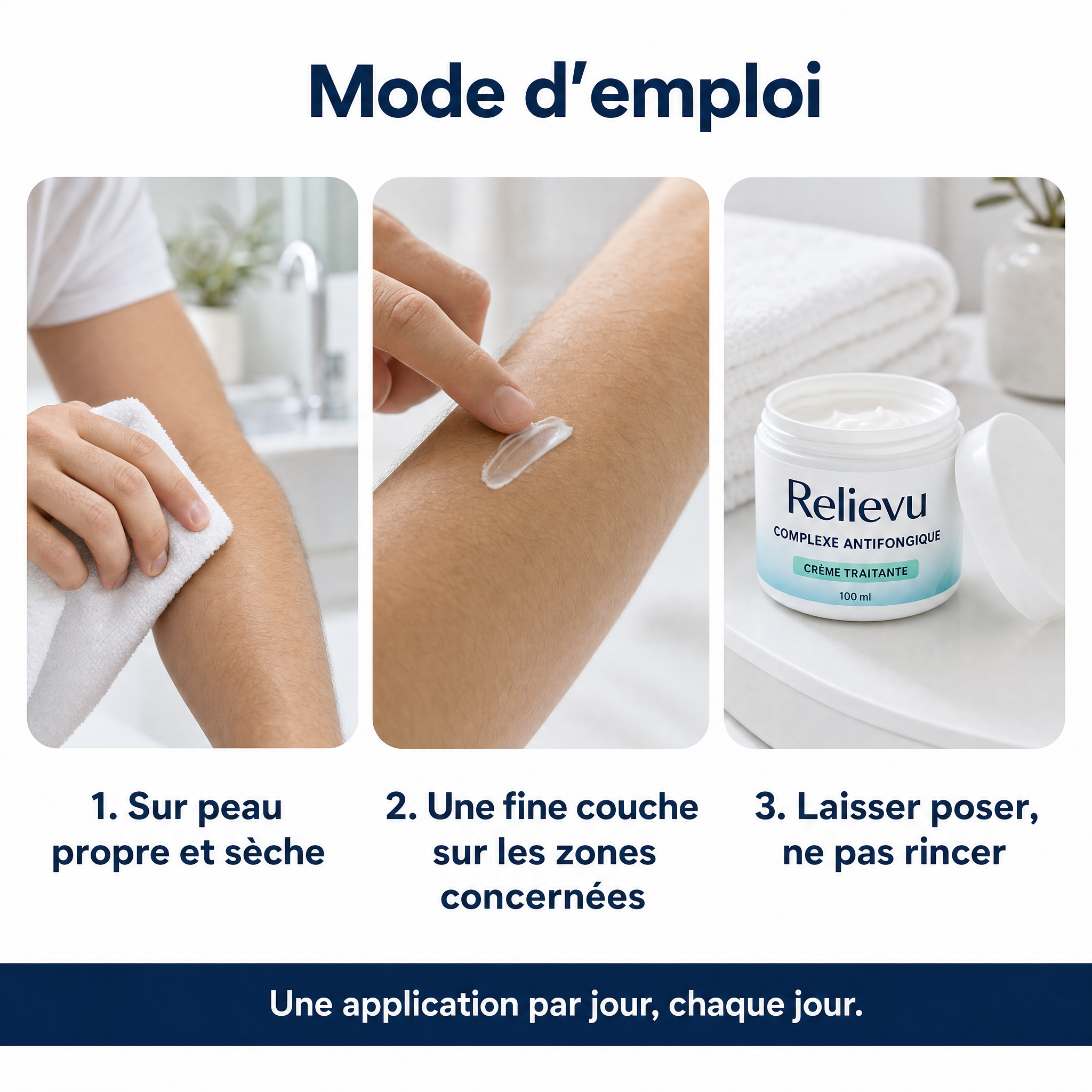 Mode d'emploi en trois étapes : peau propre et sèche, fine couche, laisser poser sans rincer