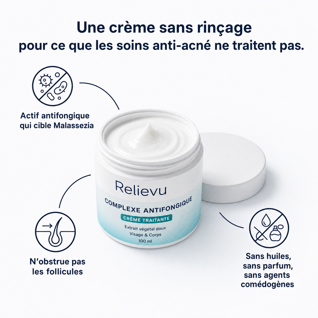 Crème sans rinçage : actif antifongique ciblant Malassezia, n'obstrue pas les follicules, sans huiles ni parfum