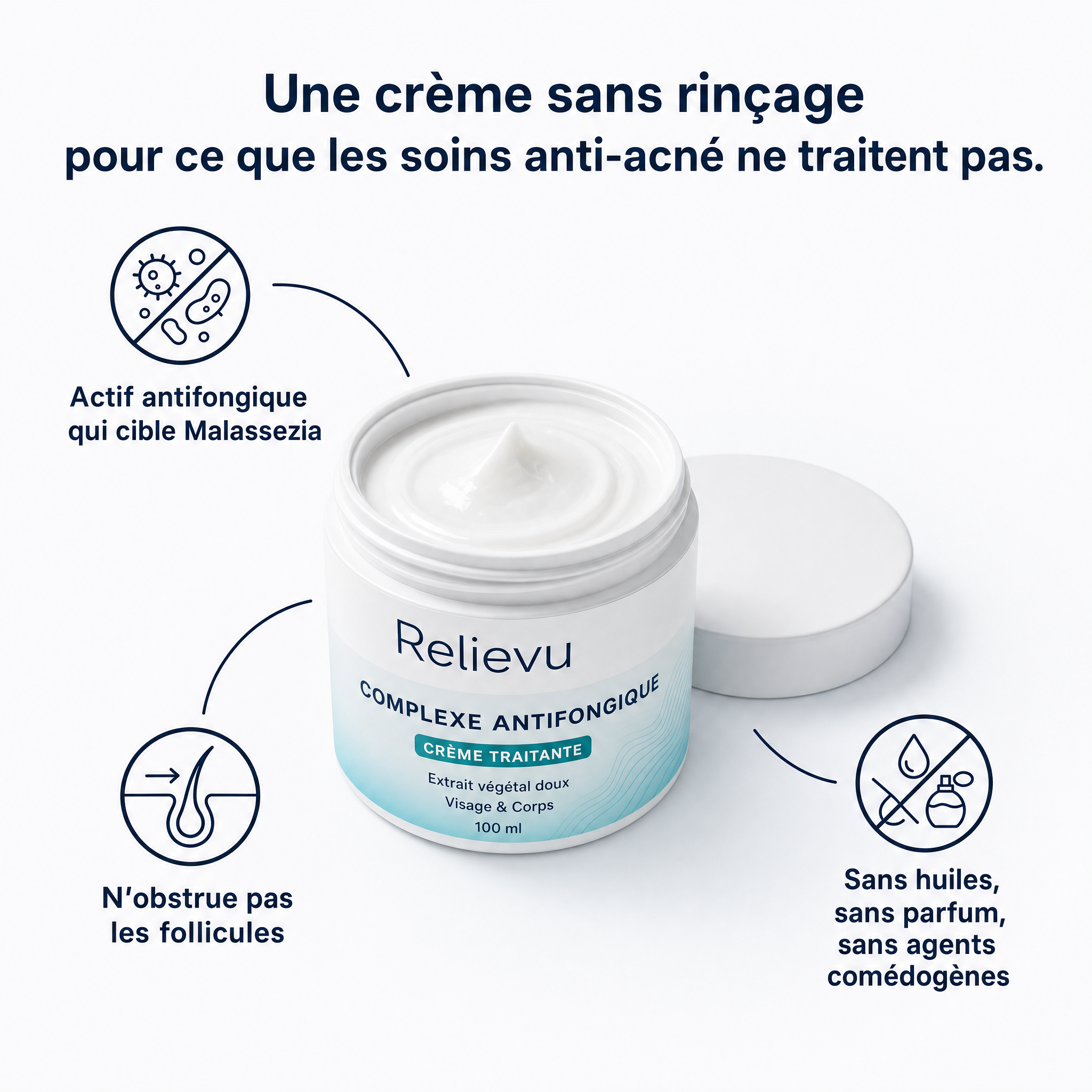 Crème sans rinçage : actif antifongique ciblant Malassezia, n'obstrue pas les follicules, sans huiles ni parfum