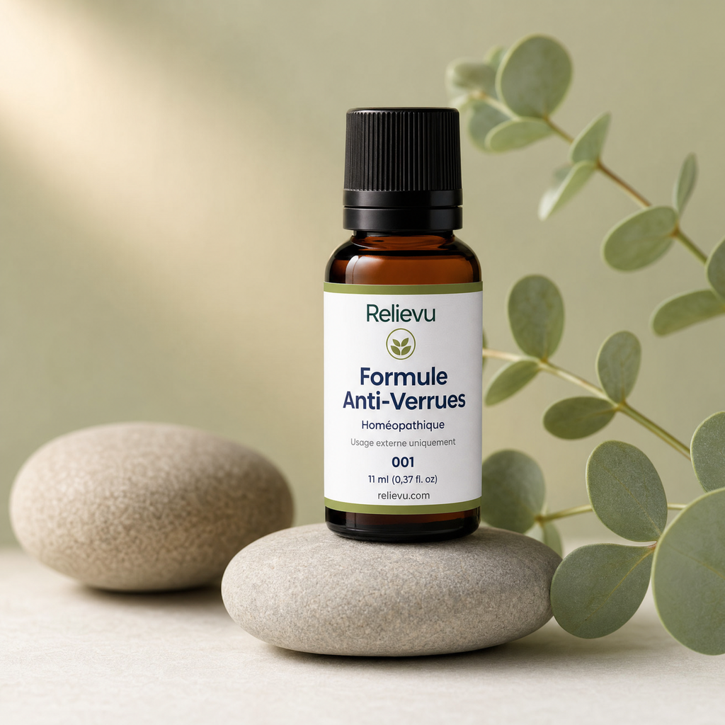 Flacon en verre ambré Formule Anti-Verrues posé sur des galets avec de l'eucalyptus