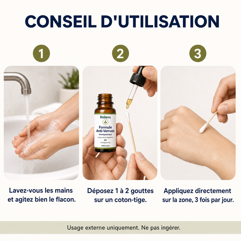Conseil d'utilisation en 3 étapes : lavez les mains, déposez 1 à 2 gouttes sur un coton-tige, appliquez sur la zone 3 fois par jour