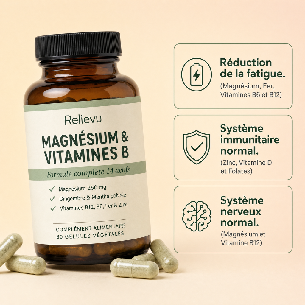 Flacon Relievu Magnésium & Vitamines B, 60 gélules végétales, avec trois bénéfices : réduction de la fatigue, système immunitaire normal, système nerveux normal
