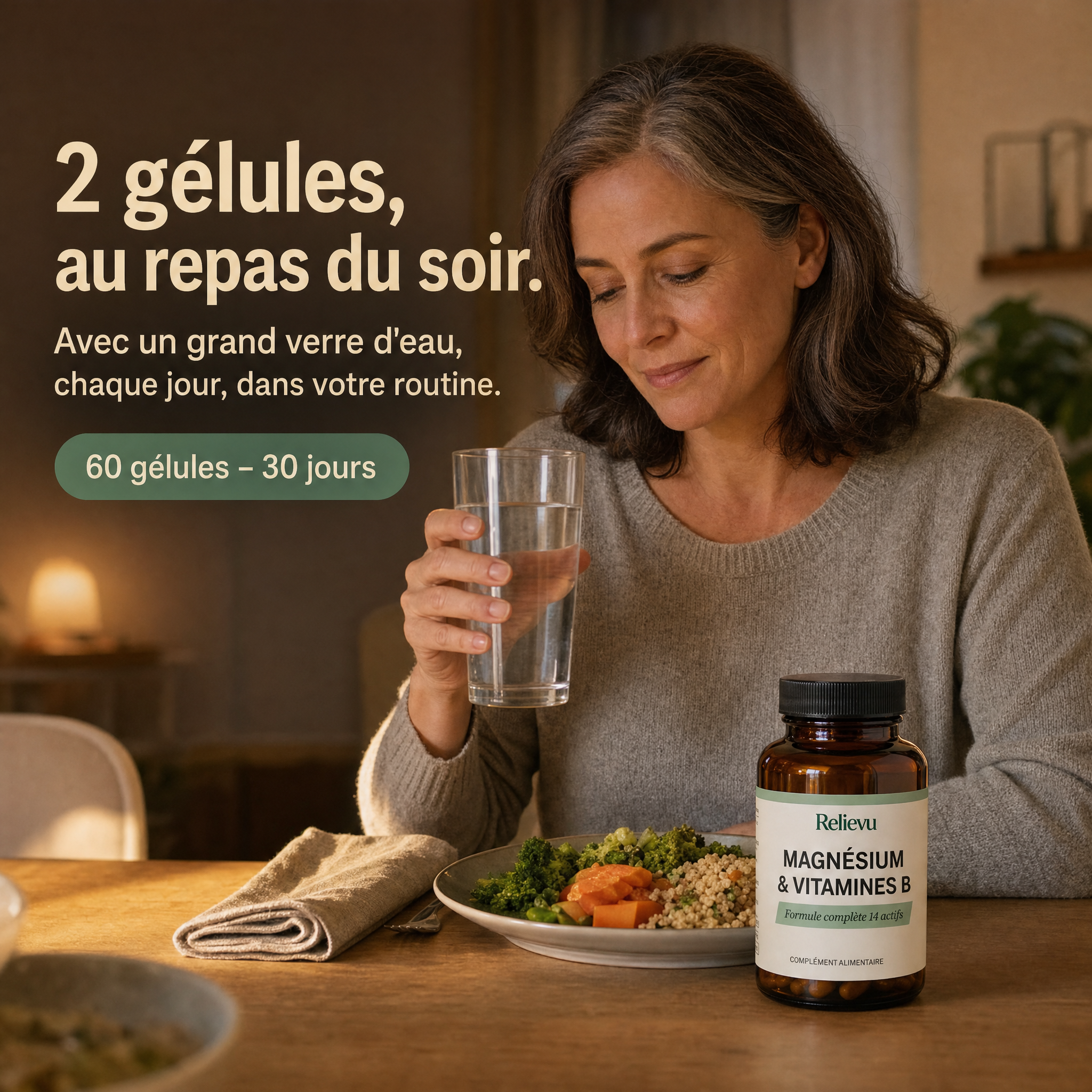 Conseil d'utilisation : 2 gélules au repas du soir avec un grand verre d'eau, chaque jour
