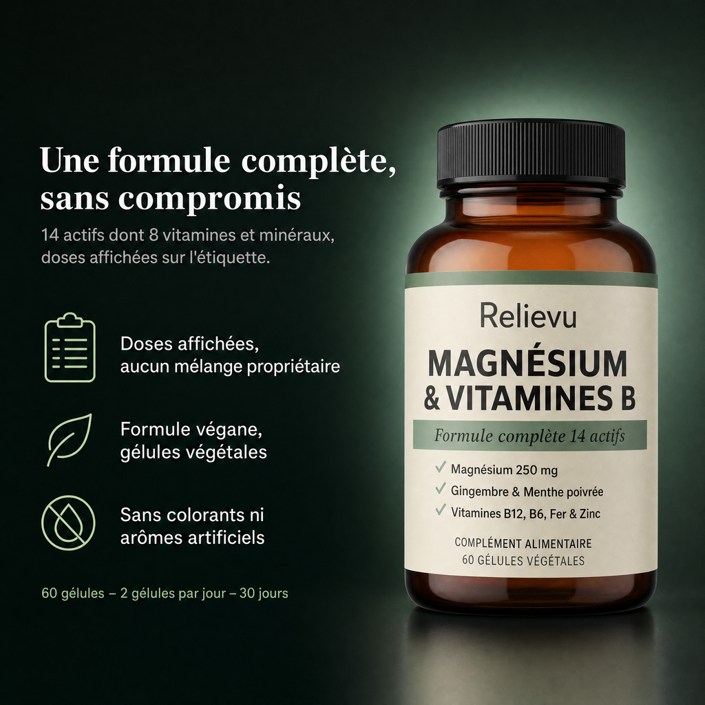 Formule végane à 14 actifs, doses affichées sur l'étiquette, sans colorants ni arômes artificiels — 60 gélules pour 30 jours
