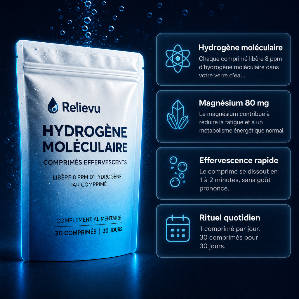 Caractéristiques : 8 ppm d'hydrogène moléculaire par comprimé, 80 mg de magnésium, effervescence rapide en 1 à 2 minutes, 1 comprimé par jour