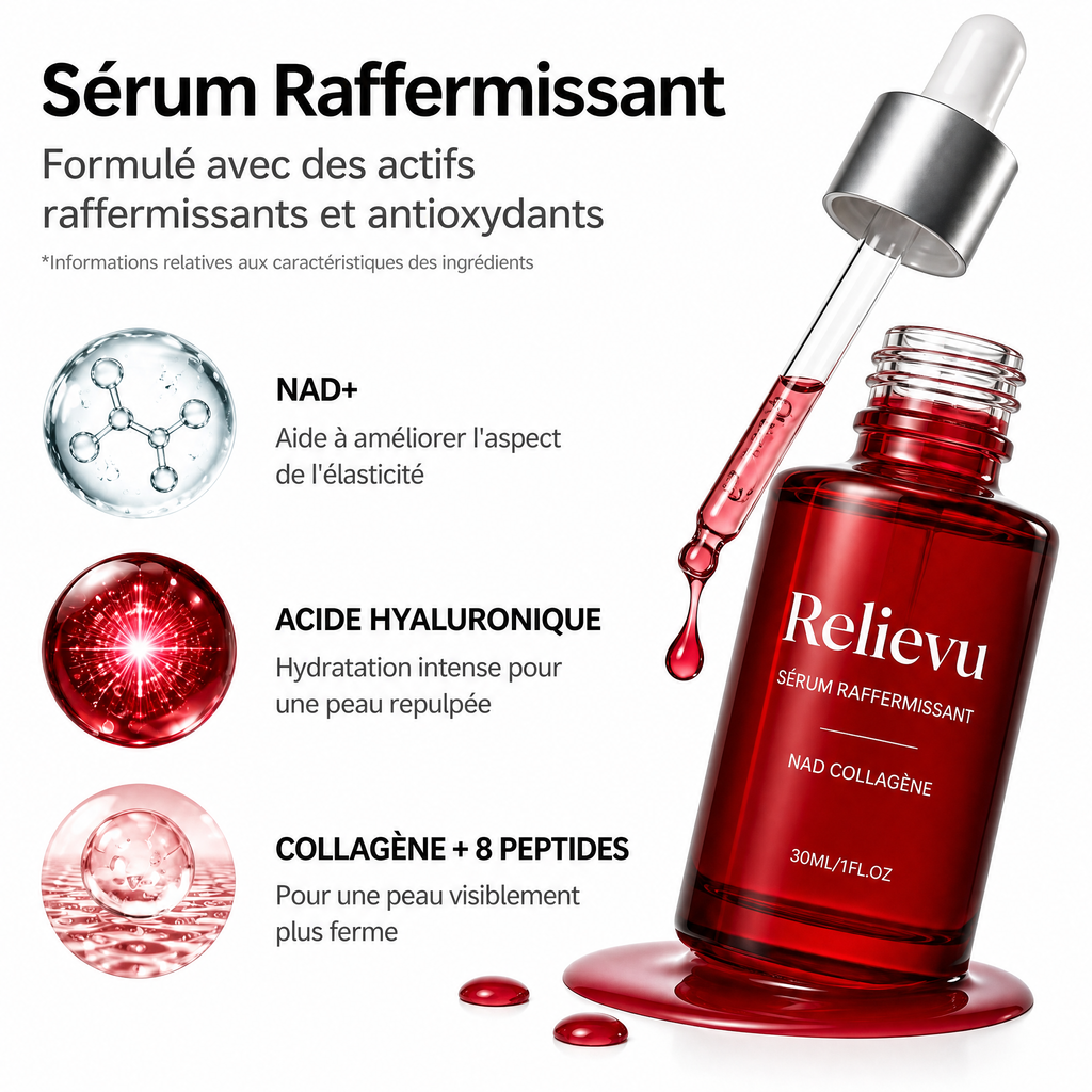 Actifs du sérum raffermissant : NAD+, acide hyaluronique et complexe collagène + 8 peptides pour une peau visiblement plus ferme