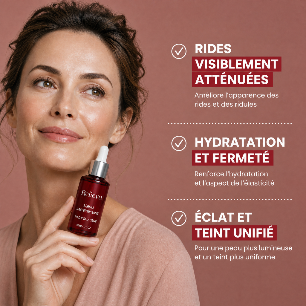Femme tenant le sérum raffermissant Relievu : rides visiblement atténuées, hydratation et fermeté, éclat et teint unifié
