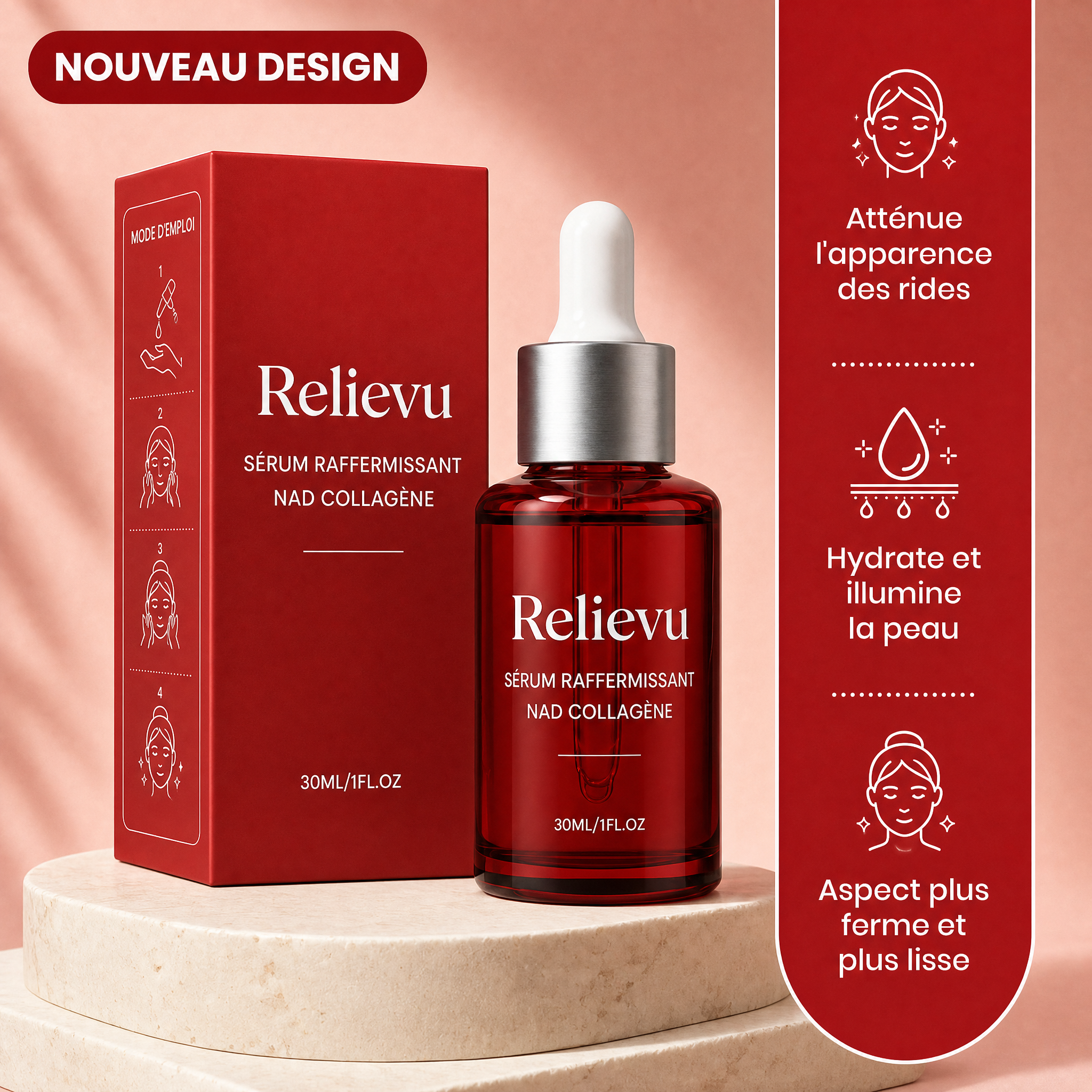 Sérum raffermissant visage Relievu 30 ml, flacon compte-gouttes rouge et son étui : atténue l'apparence des rides, hydrate et illumine la peau