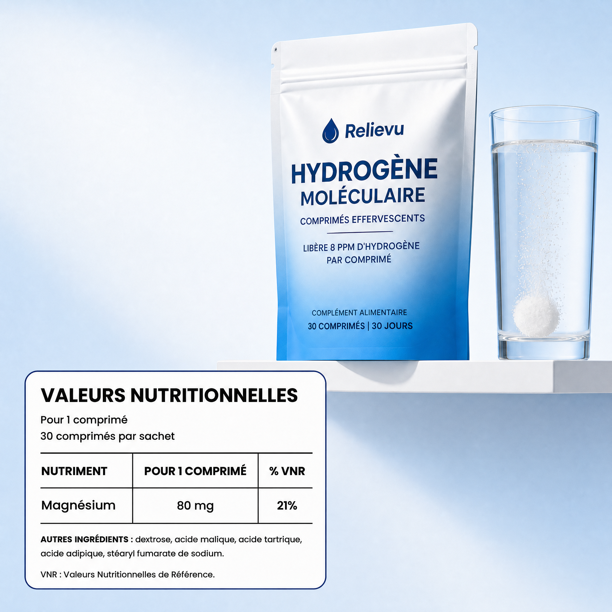 Valeurs nutritionnelles pour 1 comprimé : magnésium 80 mg, 21 % des VNR, et liste des autres ingrédients