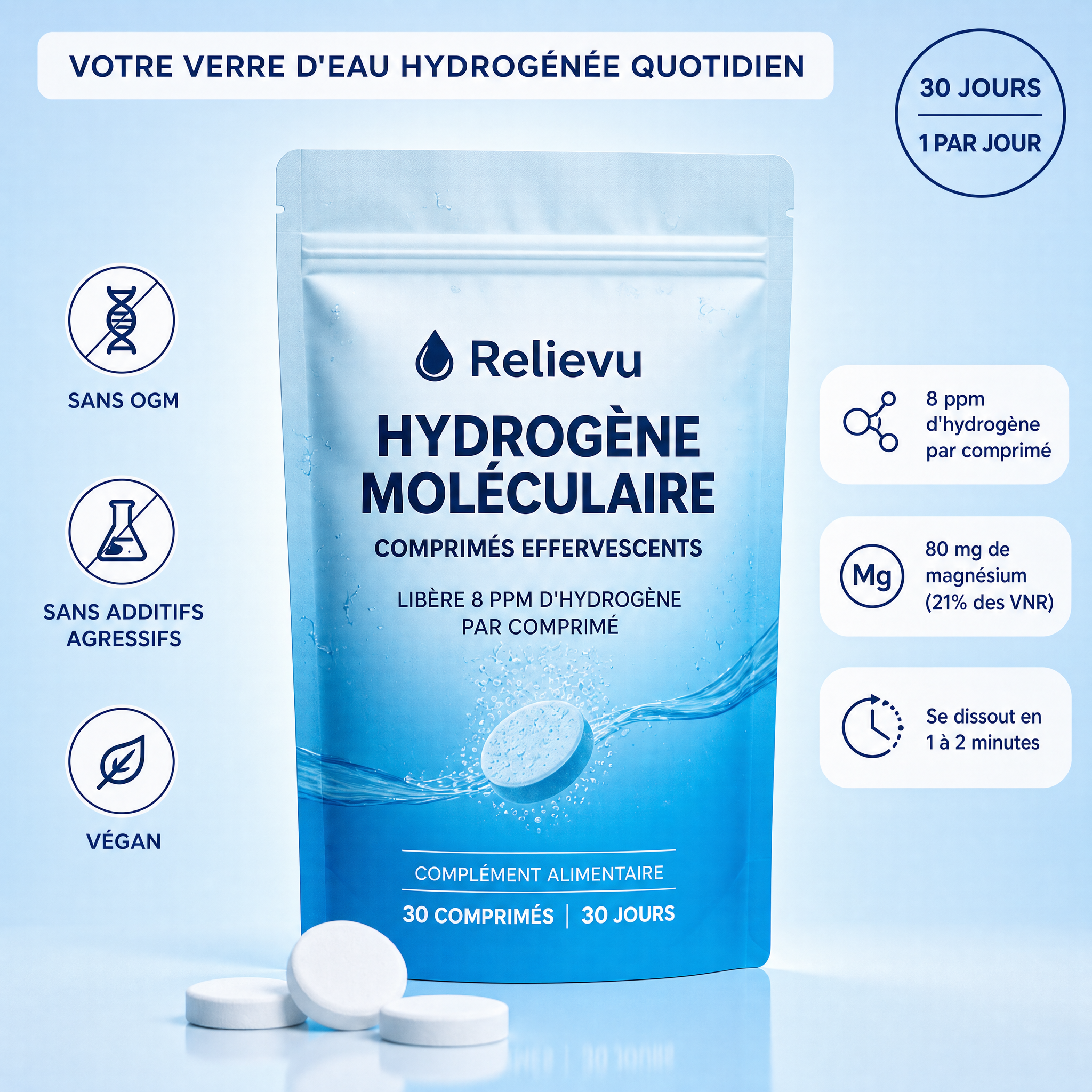 Sachet Relievu Hydrogène Moléculaire, comprimés effervescents libérant 8 ppm d'hydrogène par comprimé, 30 comprimés, végan et sans OGM
