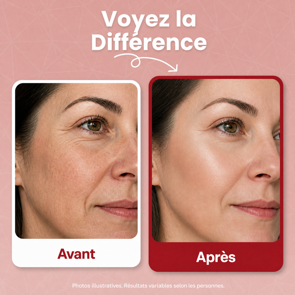 Comparatif avant et après : peau au grain plus lisse et à l'aspect plus ferme, photos illustratives et résultats variables
