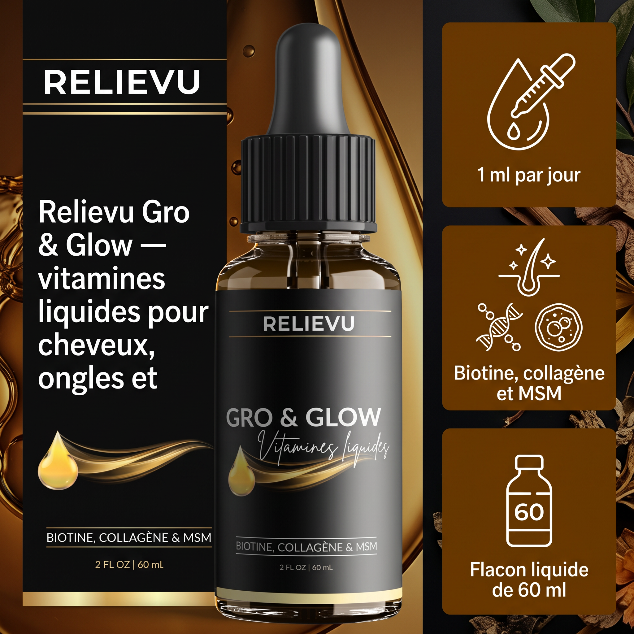 Relievu Gro & Glow — vitamines liquides pour cheveux, ongles et peau — Relievu 1