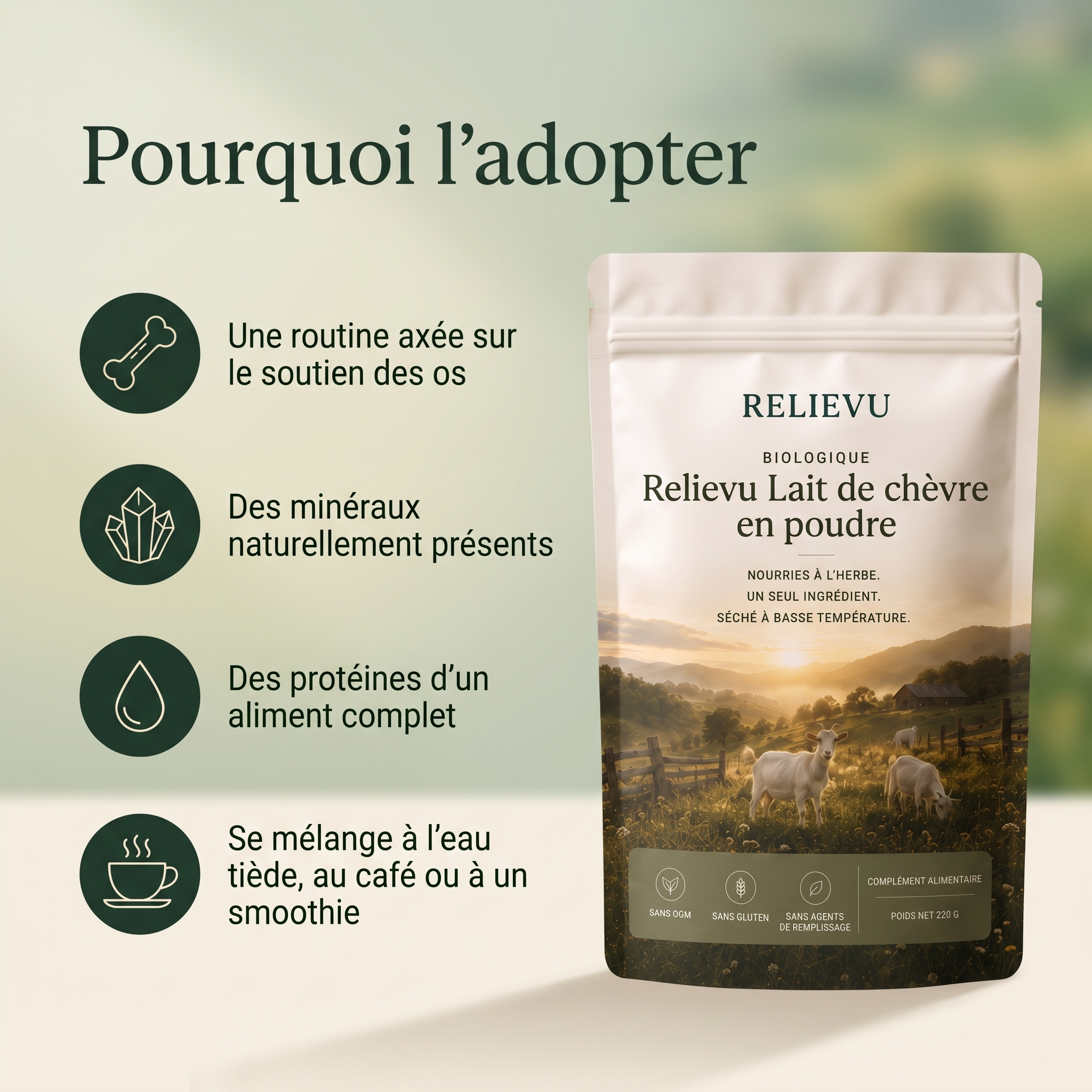 Pourquoi l'adopter : une routine axée sur le soutien des os, des minéraux naturellement présents, des protéines d'un aliment complet, se mélange à l'eau tiède, au café ou à un smoothie.