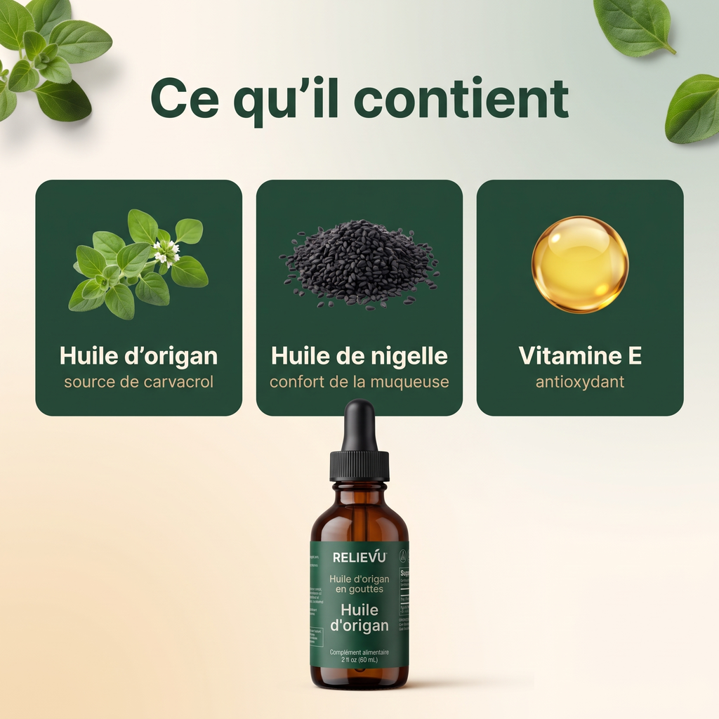 Ce qu'il contient : huile d'origan source de carvacrol, huile de nigelle et vitamine E, avec le flacon Relievu Huile d'origan en gouttes