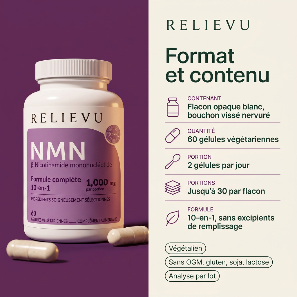 Format et contenu du Relievu NMN Complex : flacon opaque blanc de 60 gélules végétariennes, portion de 2 gélules, jusqu'à 30 portions