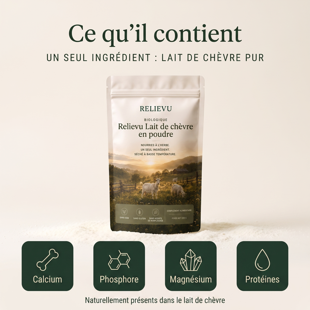 Ce qu'il contient : un seul ingrédient, lait de chèvre pur. Calcium, phosphore, magnésium et protéines naturellement présents dans le lait de chèvre.