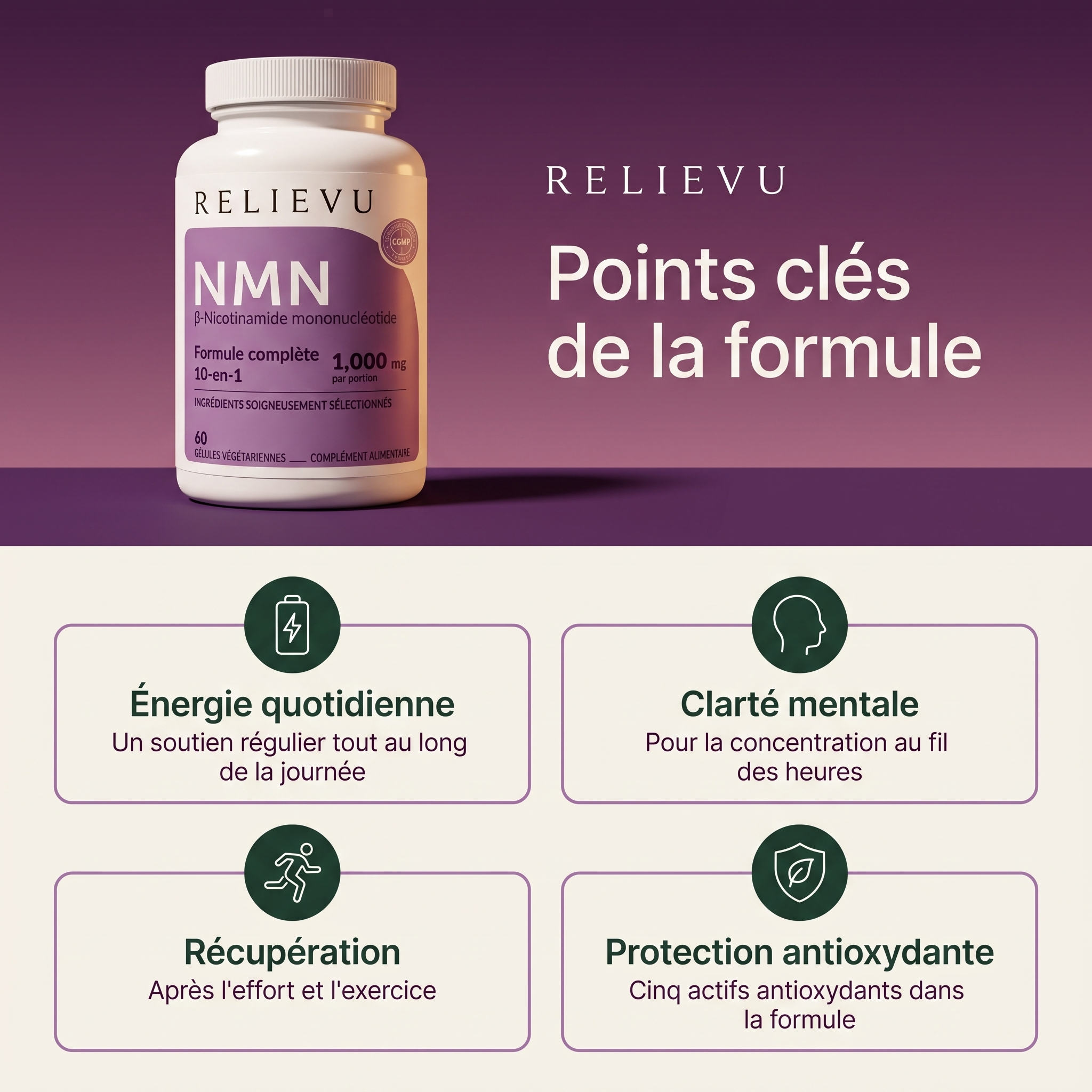Points clés du Relievu NMN Complex : énergie quotidienne, clarté mentale, récupération et protection antioxydante