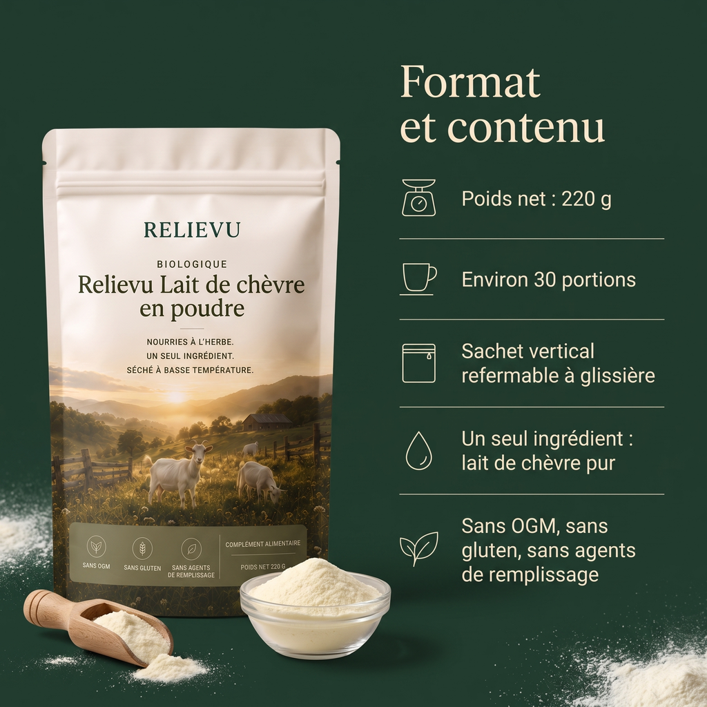 Format et contenu : poids net 220 g, environ 30 portions, sachet vertical refermable à glissière, un seul ingrédient lait de chèvre pur, sans OGM, sans gluten, sans agents de remplissage.