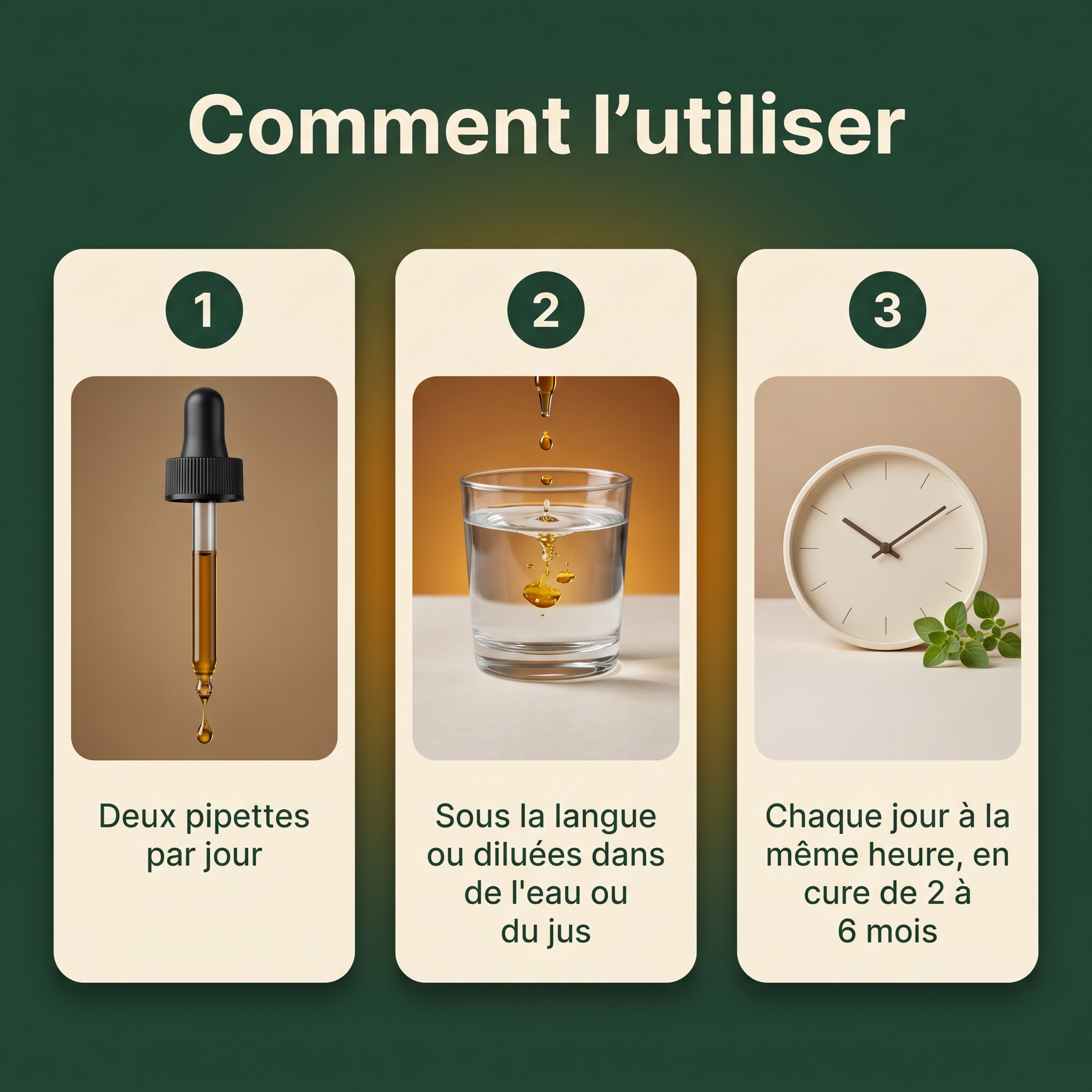Comment l'utiliser en 3 étapes : deux pipettes par jour, sous la langue ou diluées dans de l'eau ou du jus, chaque jour à la même heure en cure de 2 à 6 mois
