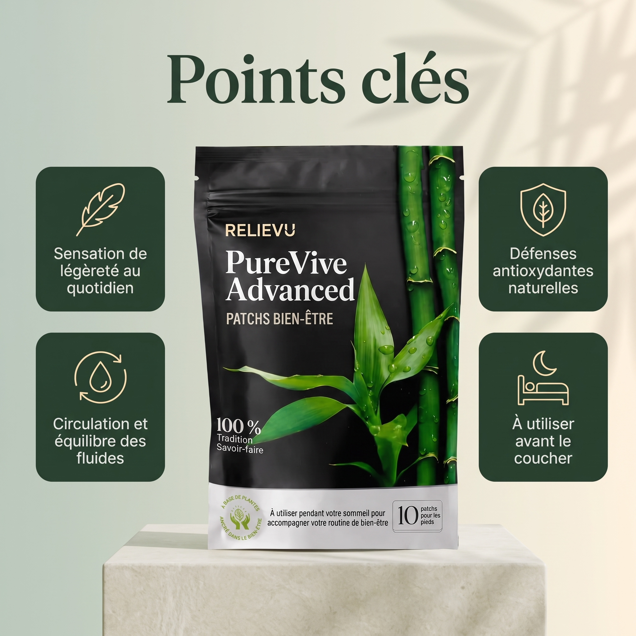 Points clés : sensation de légèreté, circulation et équilibre des fluides, défenses antioxydantes naturelles, à utiliser avant le coucher