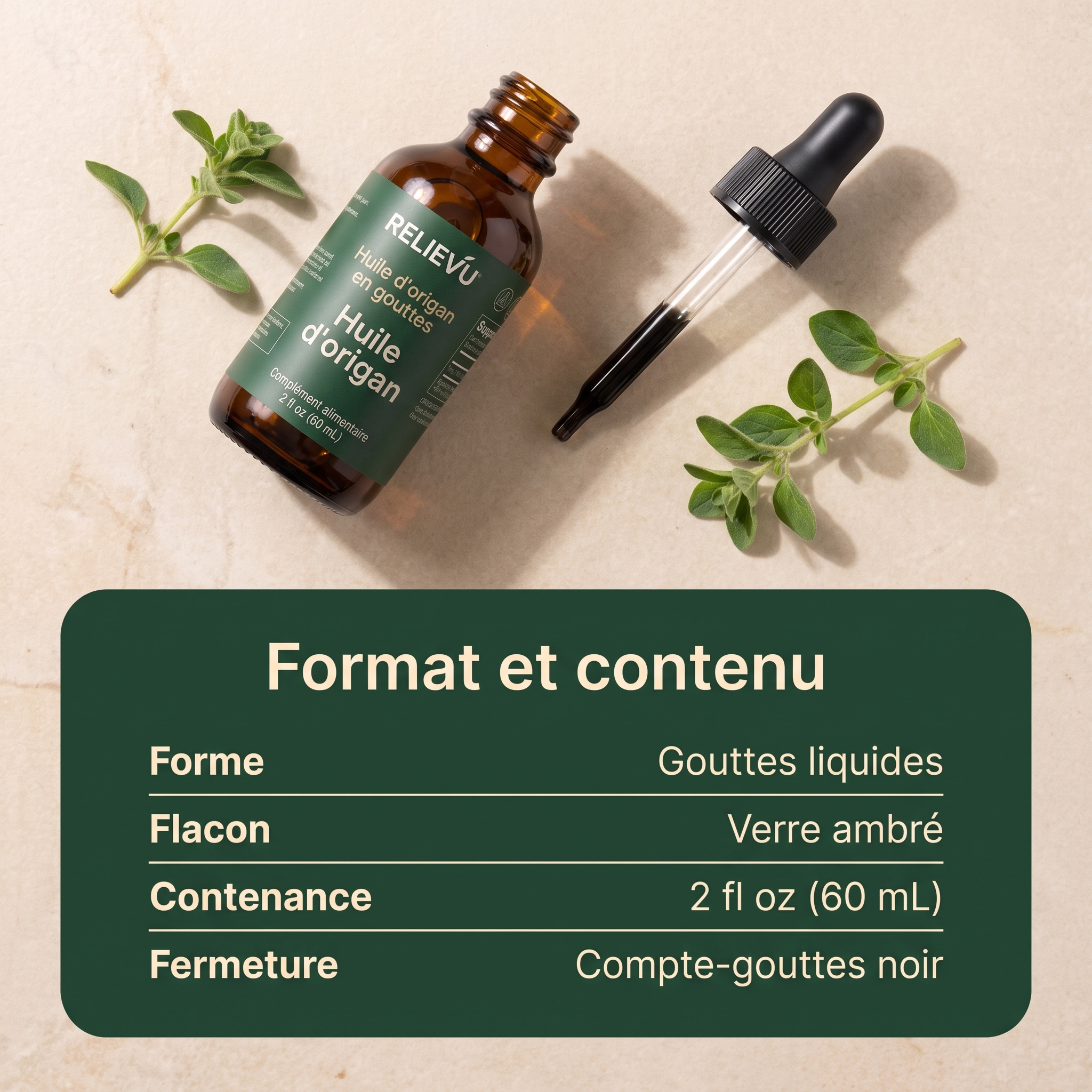 Format et contenu : gouttes liquides, flacon en verre ambré de 2 fl oz (60 mL) avec fermeture compte-gouttes noire