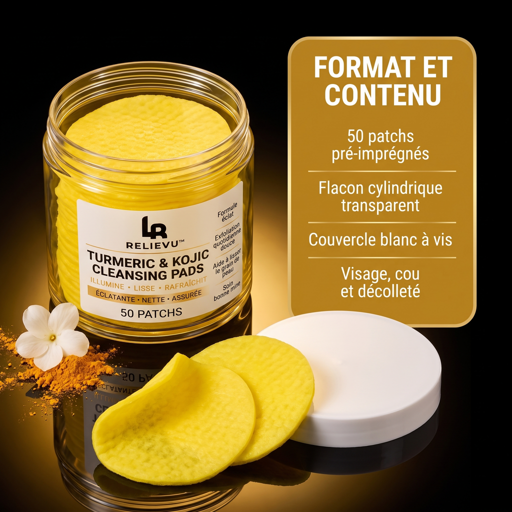 Format et contenu : 50 patchs pré-imprégnés, flacon cylindrique transparent, couvercle blanc à vis, visage cou et décolleté