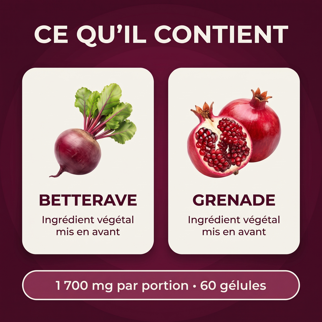 Ce qu'il contient : betterave et grenade, ingrédients végétaux mis en avant, 1 700 mg par portion, 60 gélules